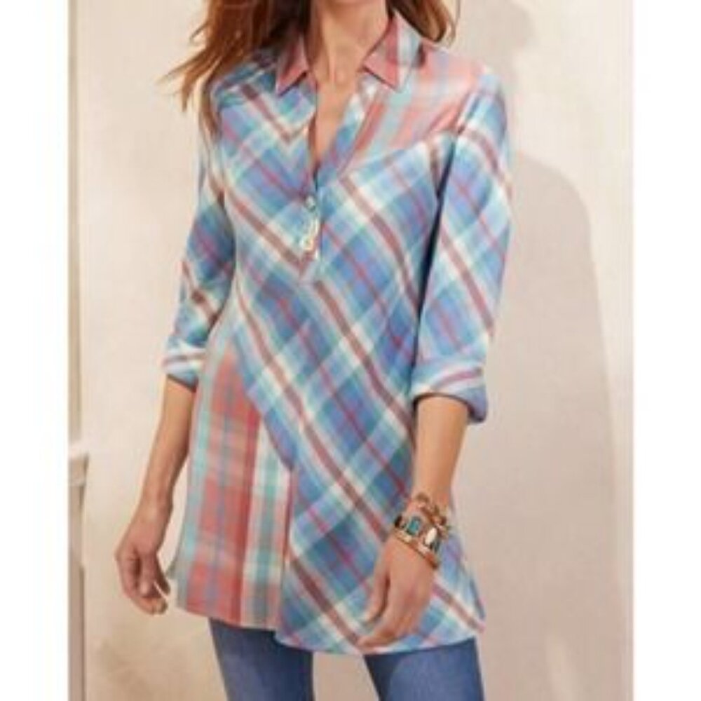 Soft Surroundings La Pass Tunic Shirt in Ecru Multi Plaid